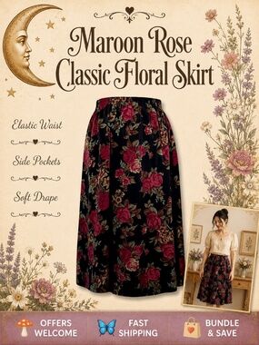 Bon Worth Maroon Rose Floral Skirt Elastic Waist Pockets Size L